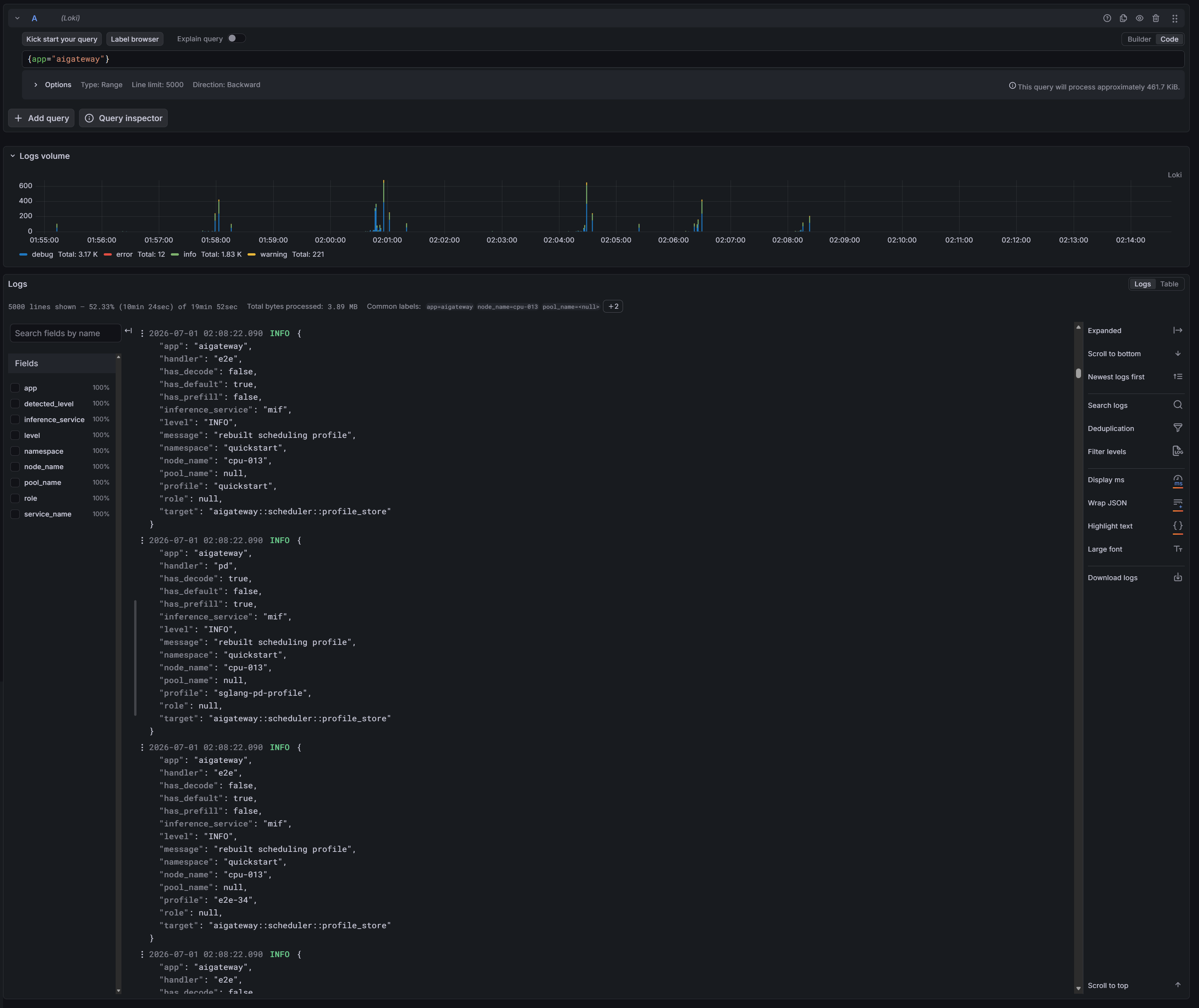 Log search results in Grafana