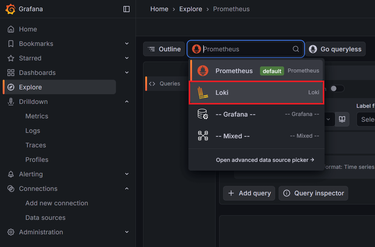 Selecting the Loki datasource